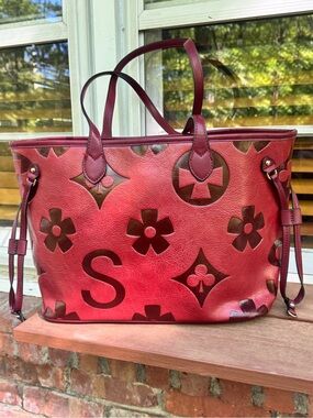 Red Embossed Floral Vegan Leather Tote with Contrast Accents